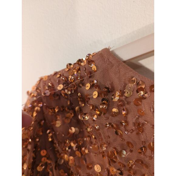 New Mac Duggal Sz 14 Pink Rose Gold Flutter Sleeve V-Neck Sequin Midi Dress - Picture 7 of 8